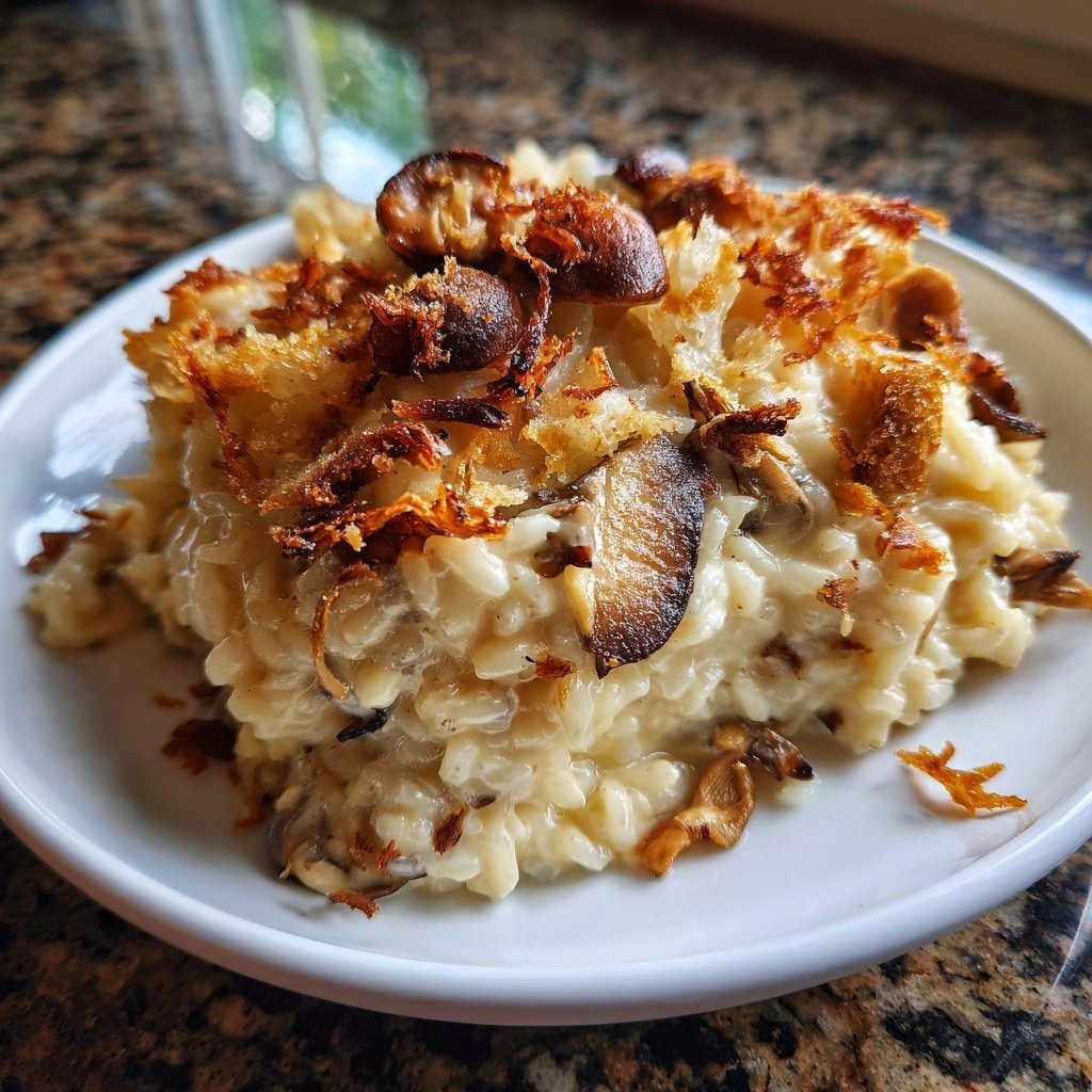 Ofen Risotto mit knusprigen Pilzen