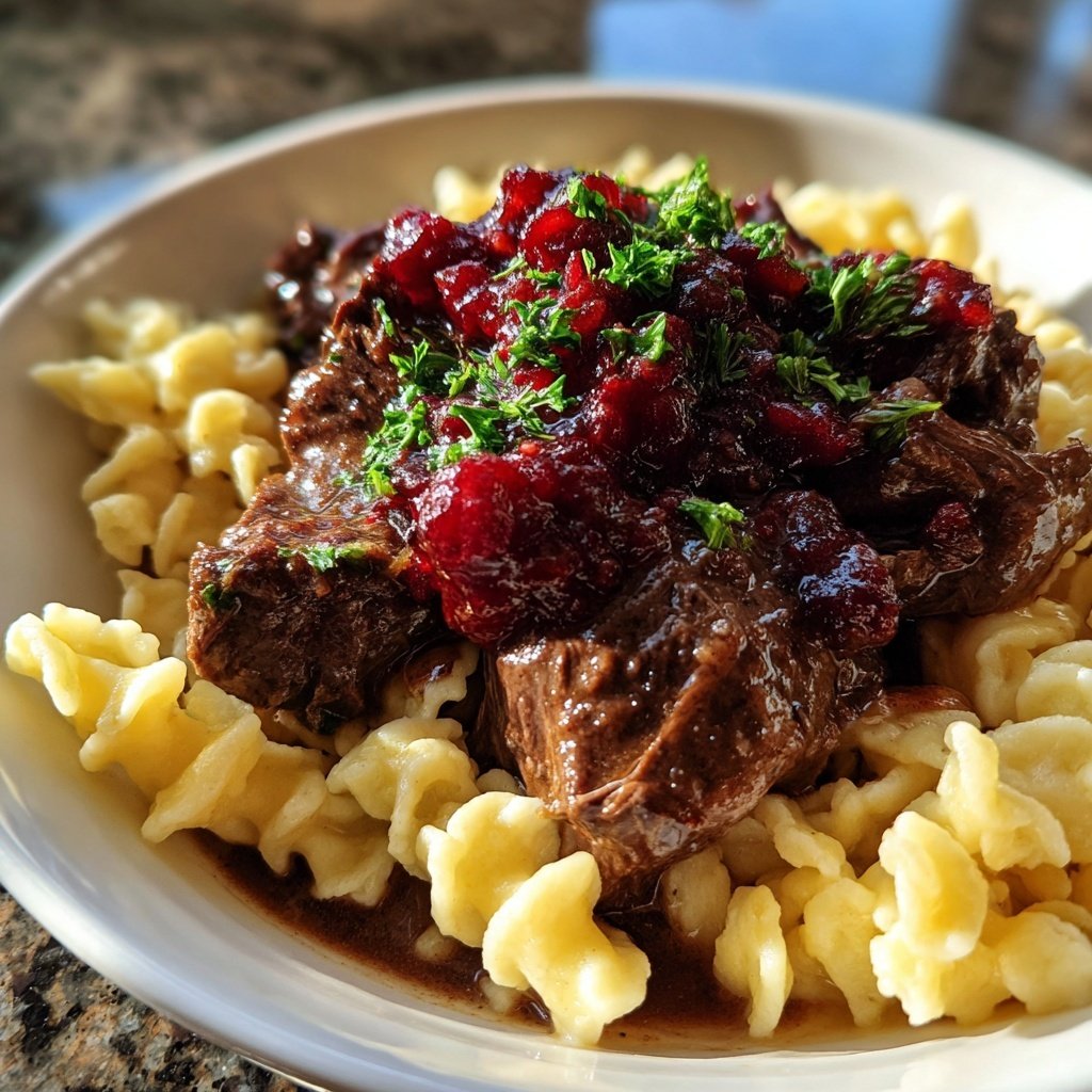 Hirschgulasch mit Preiselbeeren und Spätzle