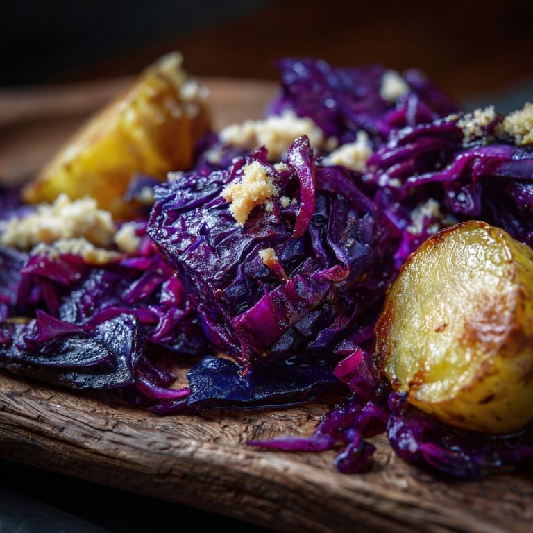 Rotkohl, Spekulatius-Soße und karamellisierten Kartoffeln