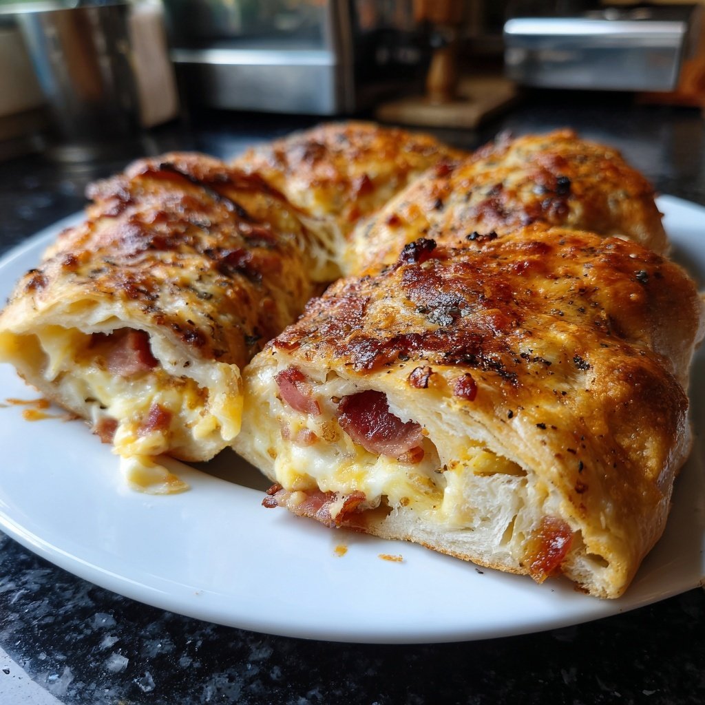 Frühstücksrollen mit Rührei, Käse und Speck